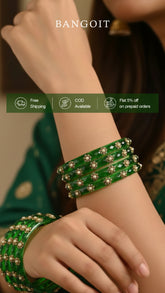 Green Glass Kadas – Golden Beads with White Accent | Set of 8
