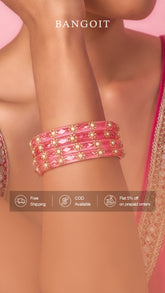 Onion Pink Glass Kadas – Golden Beads with White Accent | Set of 8