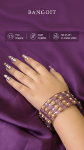 Purple Glass Kadas – Golden Beads with White Accent | Set of 8
