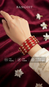 Red Glass Kadas – Golden Beads with White Accent | Set of 8