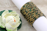Forest Green Glass Bangles Golden Carved Cuts Festive Wear