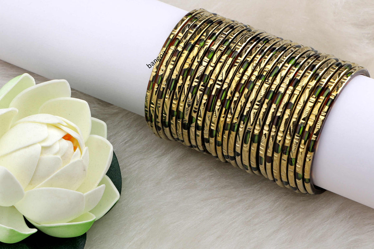 Green with Red Shade Glass Bangles (Set of 24)
