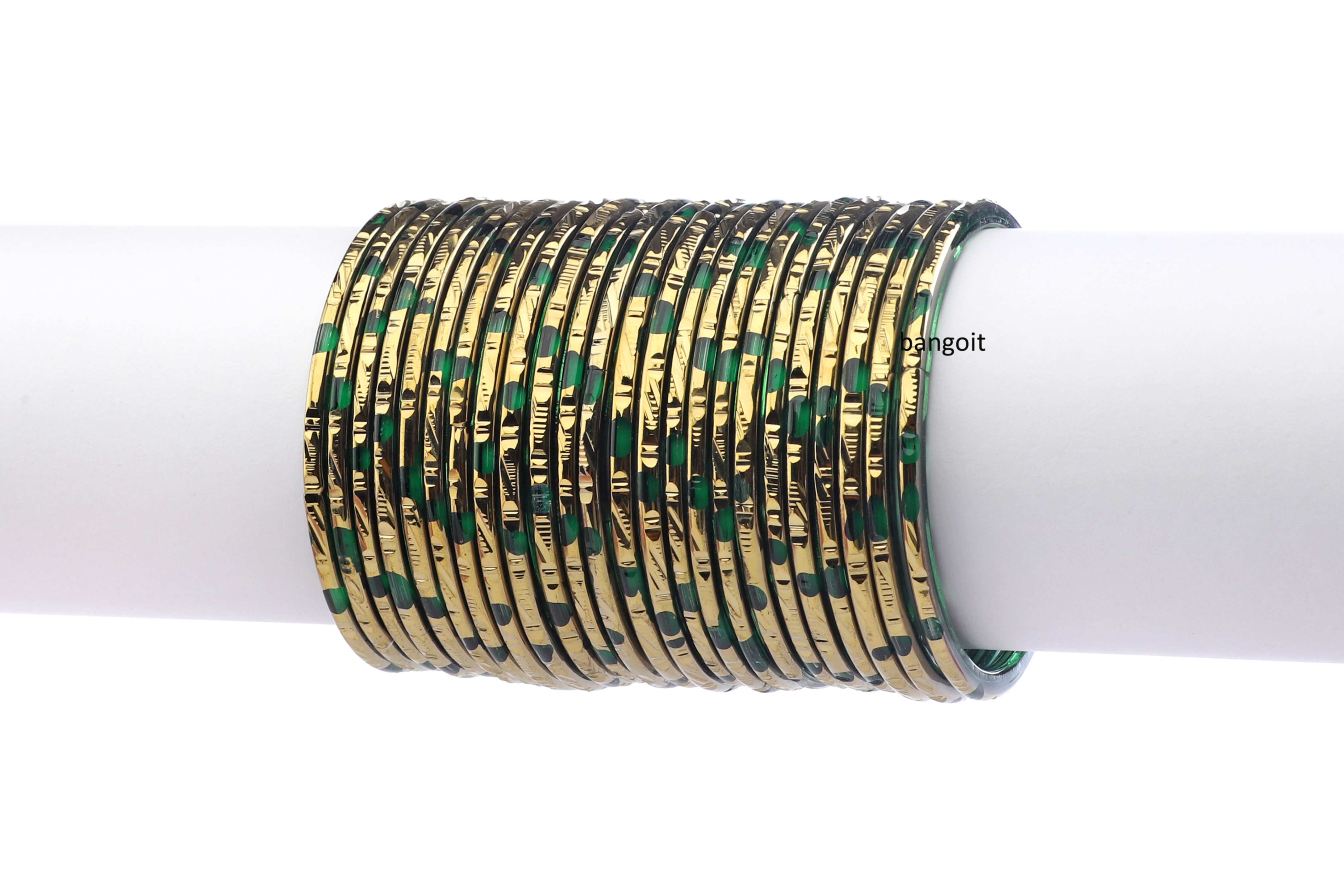 Green Bangles with Golden Polish (Set of 24)
