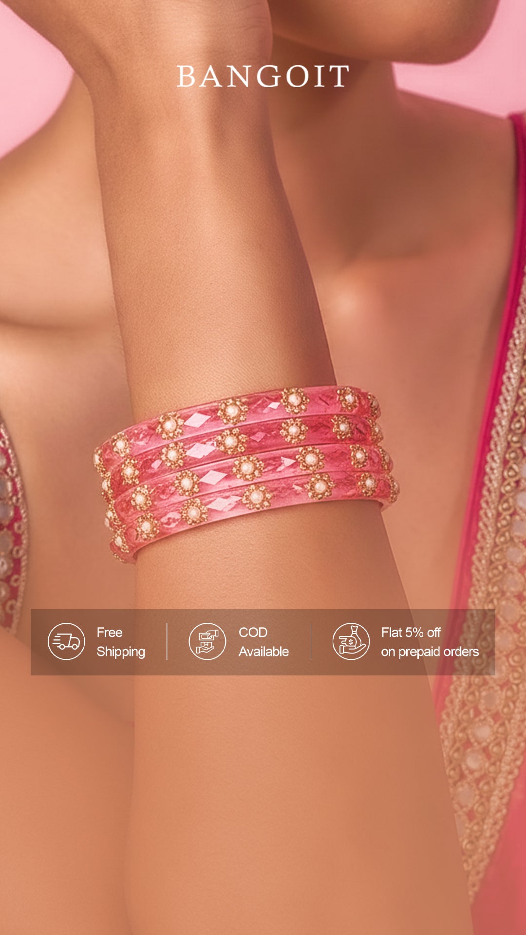 Onion Pink Glass Kadas – Golden Beads with White Accent | Set of 8