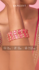 Onion Pink Glass Kadas – Golden Beads with White Accent | Set of 8