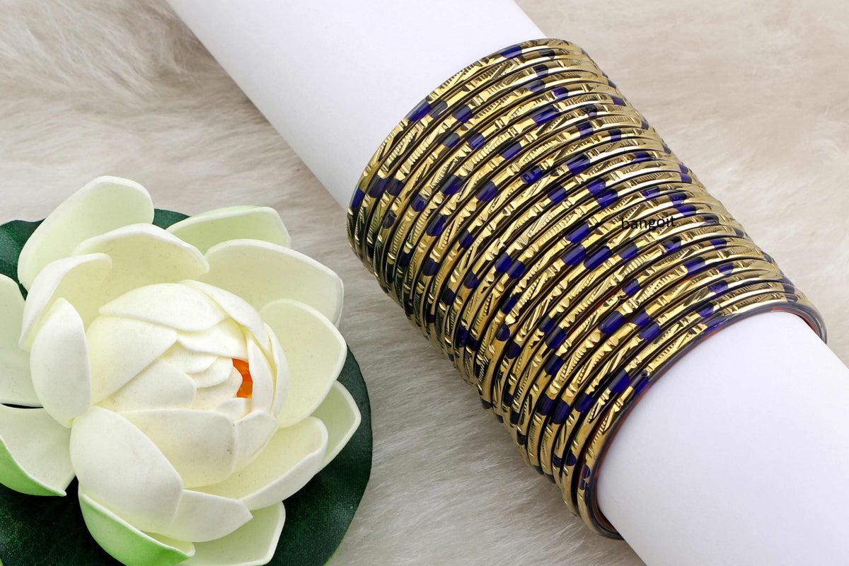 Blue Glass Bangles with Everlasting Golden Finish – Set of 24 + 4 Extra