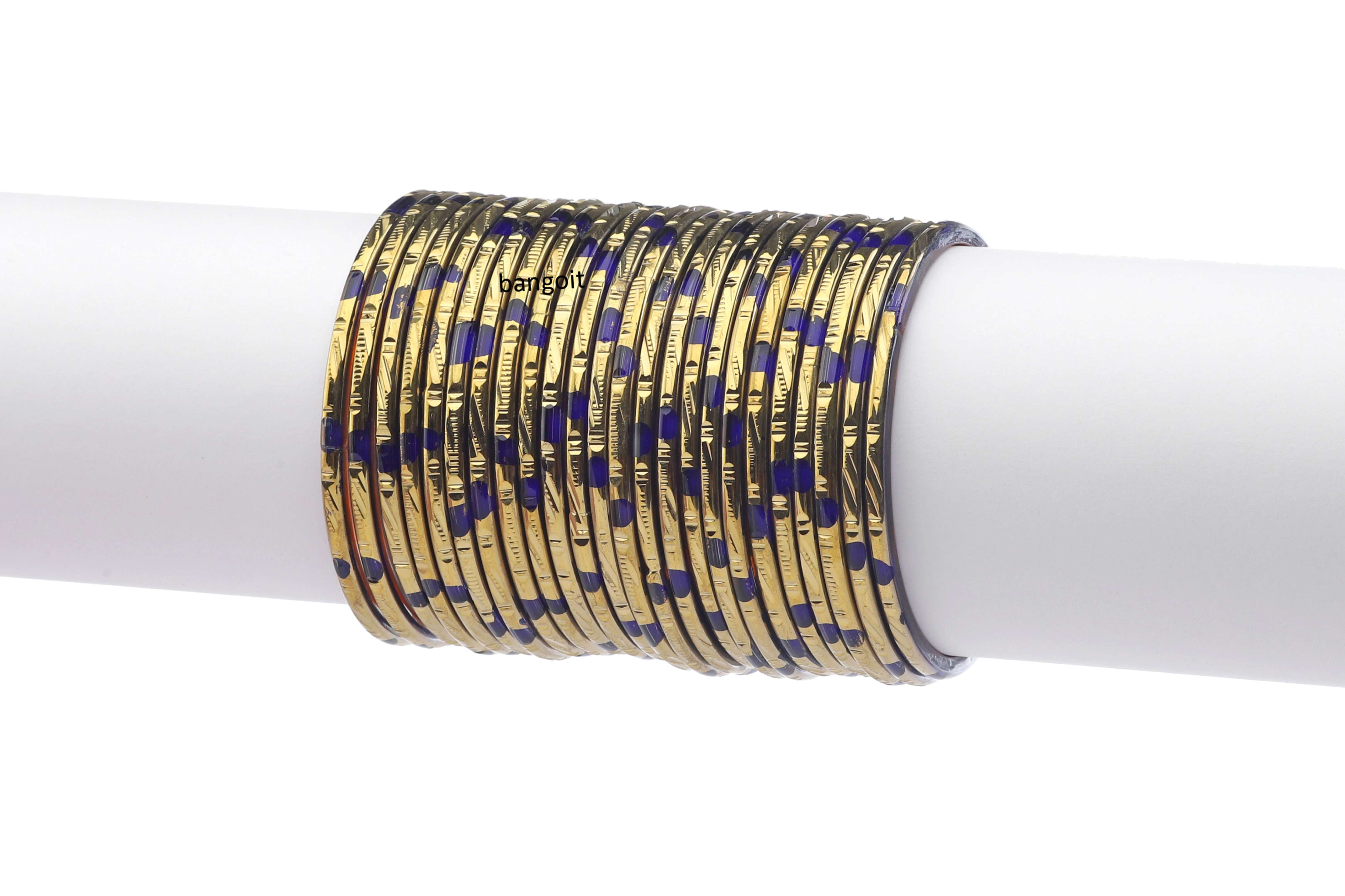 Blue Glass Bangles with Everlasting Golden Finish – Set of 24 + 4 Extra