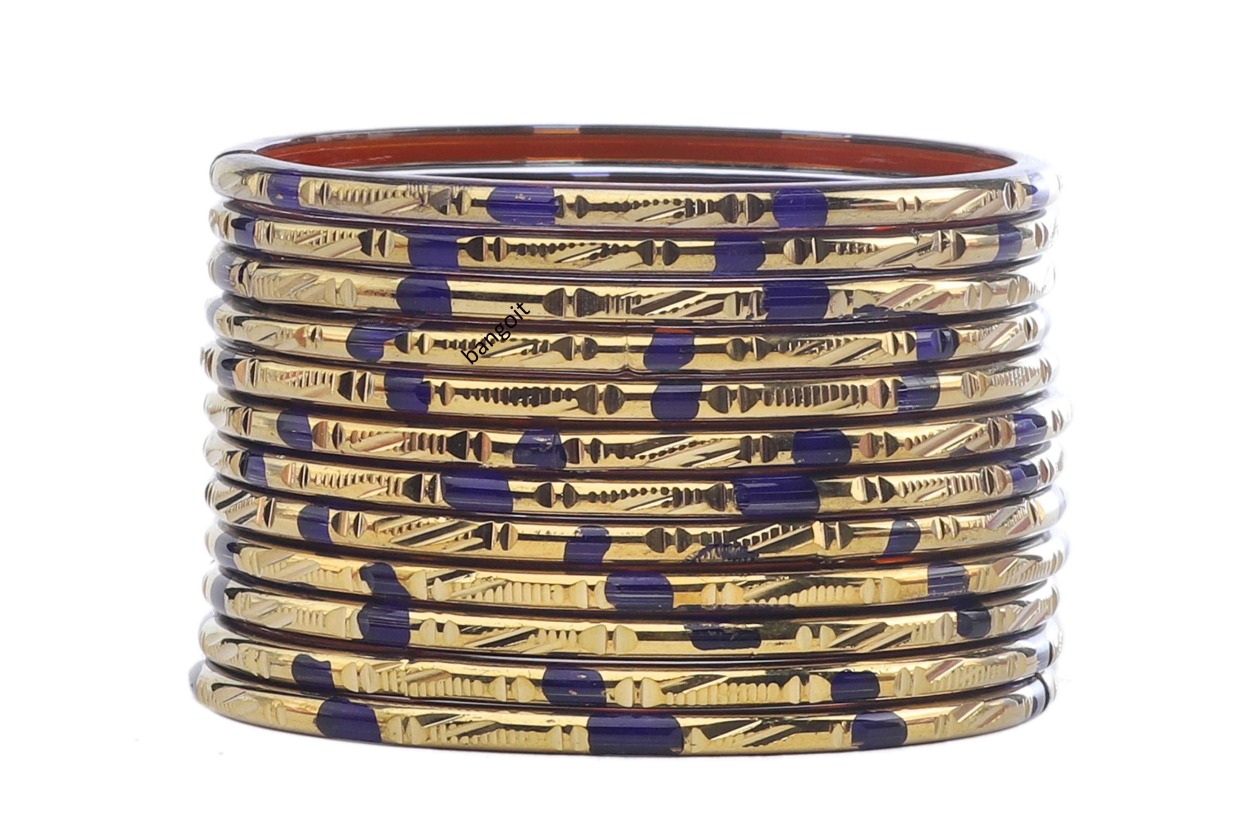 Blue Glass Bangles with Everlasting Golden Finish – Set of 24 + 4 Extra