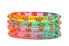 Green Base Multicolor Glass Kadas with Golden Beads – Set of 8
