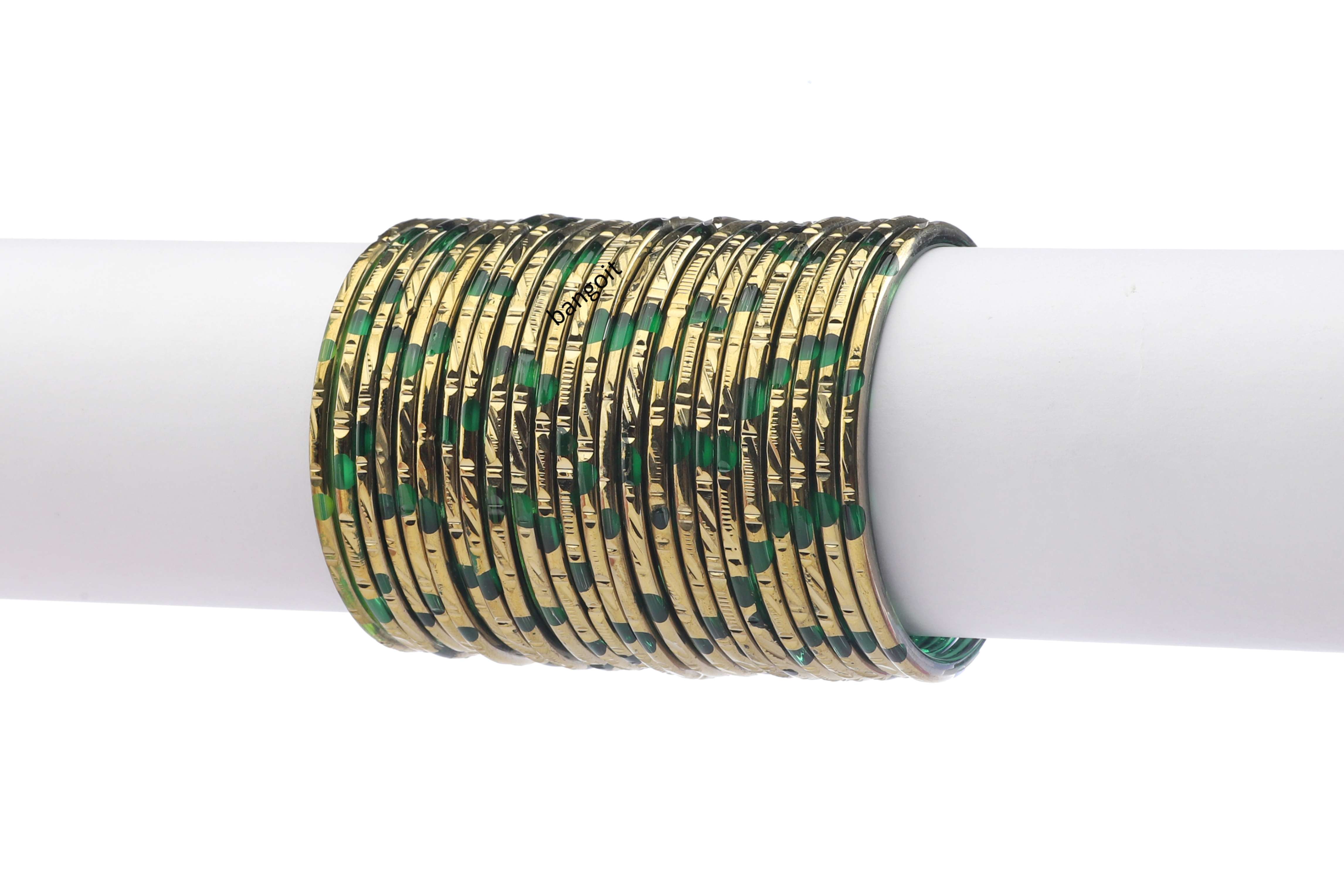 Green Glass Bangles with Everlasting Golden Finish – Set of 24 + 4 Extra