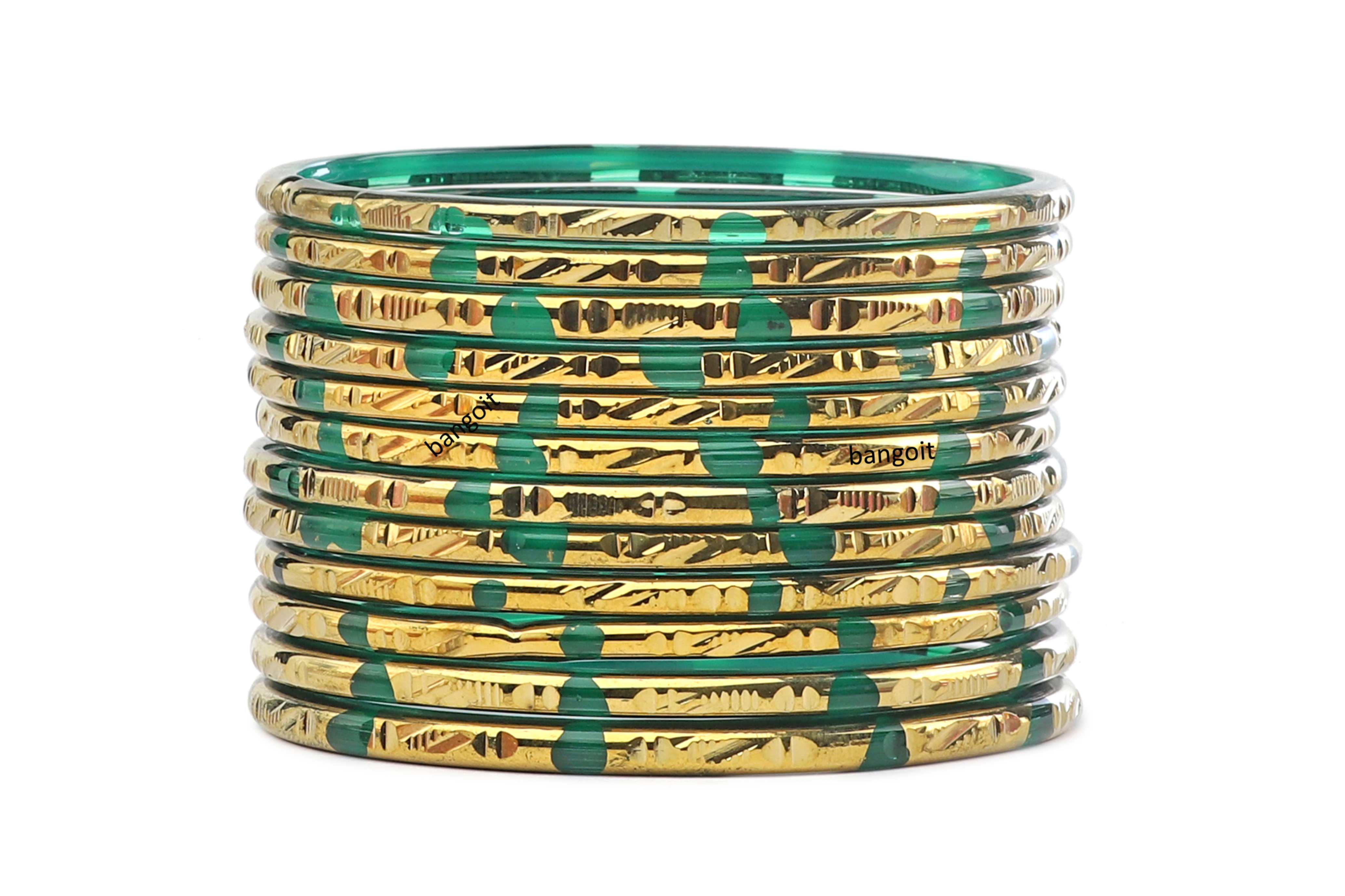 Green Glass Bangles with Everlasting Golden Finish – Set of 24 + 4 Extra