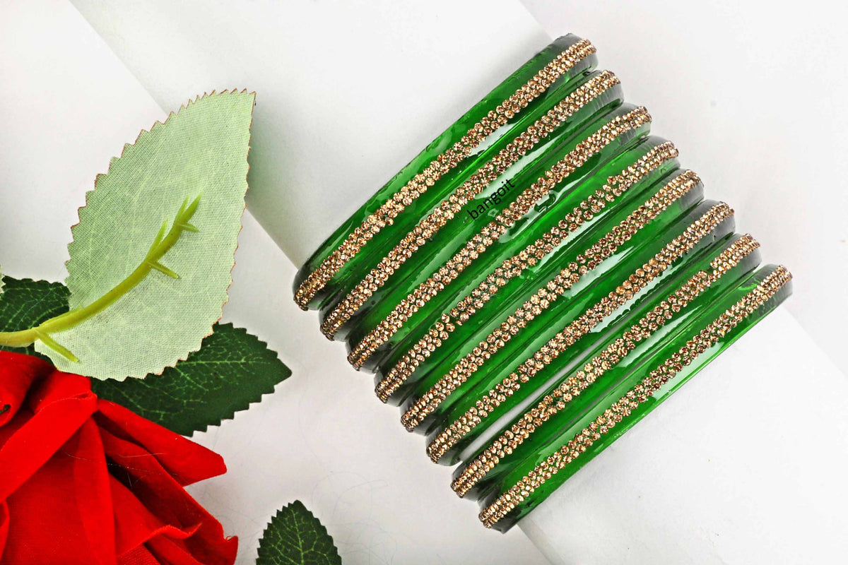 Green Glass Kadas with Center-Line Beads – Set of 8