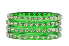 Green Glass Kadas with Floral Beadwork – Set of 8