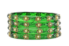 Green Glass Kadas with Golden Bead Accent – Set of 8