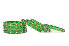 Green Glass Kadas with Golden Bead Accent – Set of 8