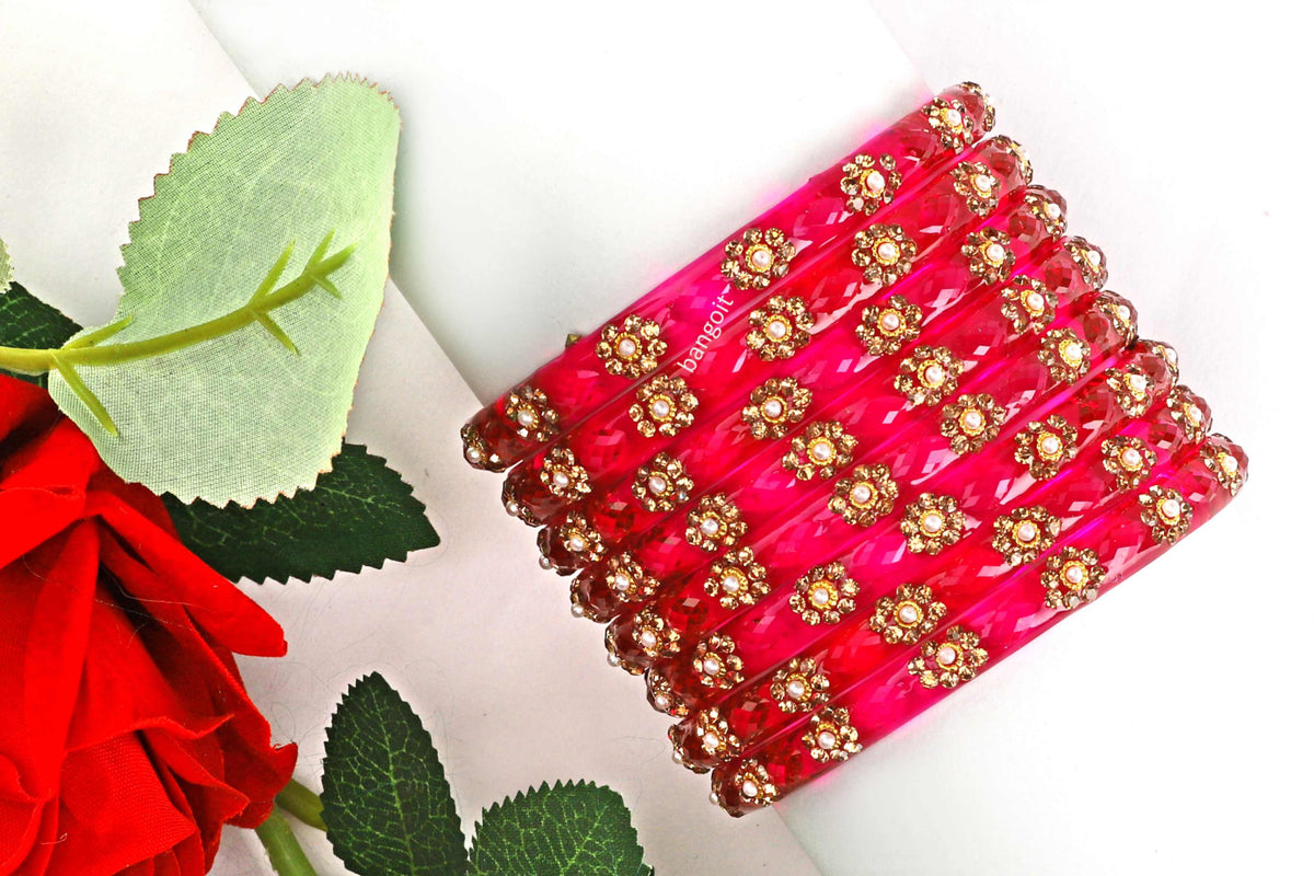 Pink Glass Kadas with Golden Floral Beads – Set of 8