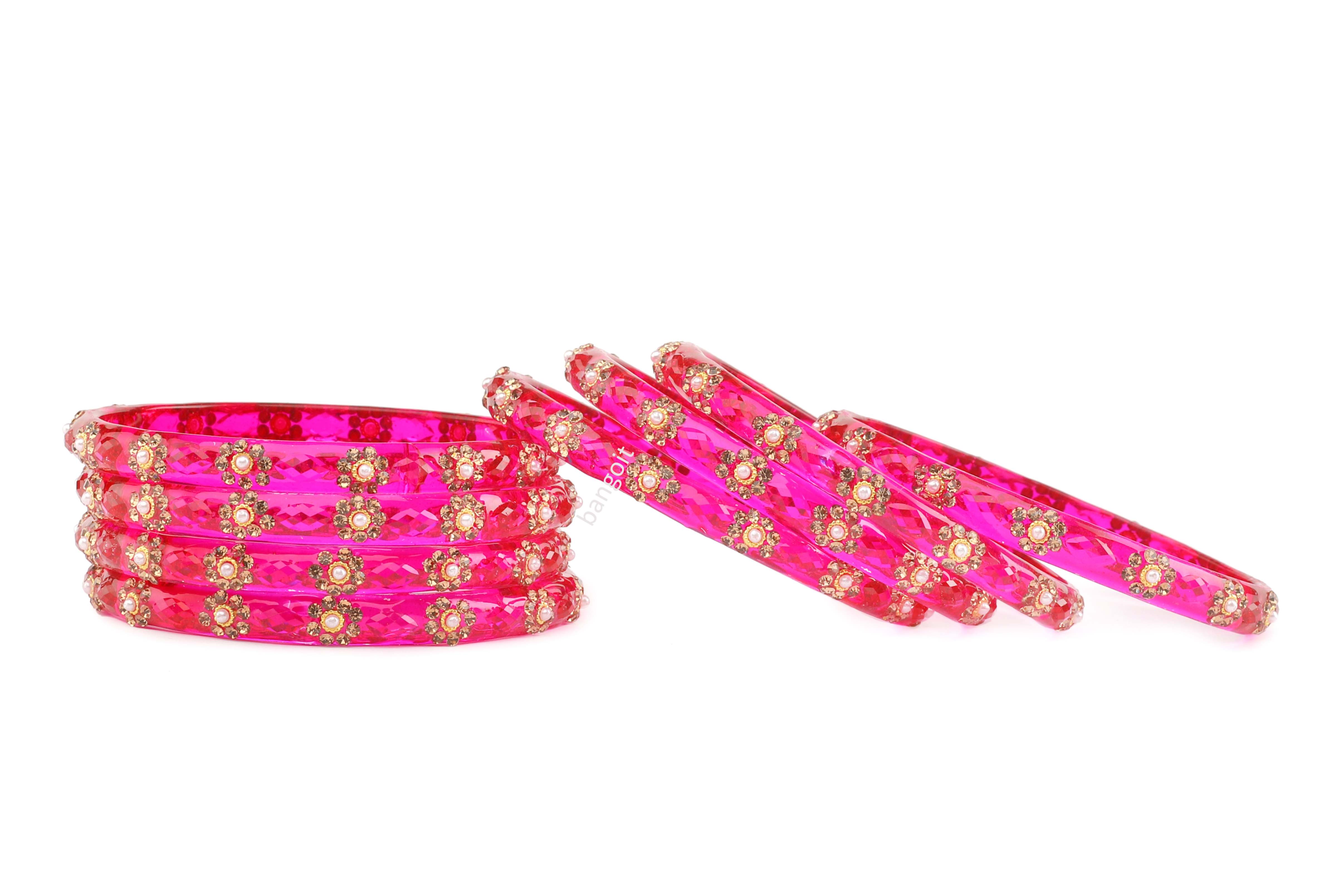 Pink Glass Kadas with Golden Floral Beads – Set of 8