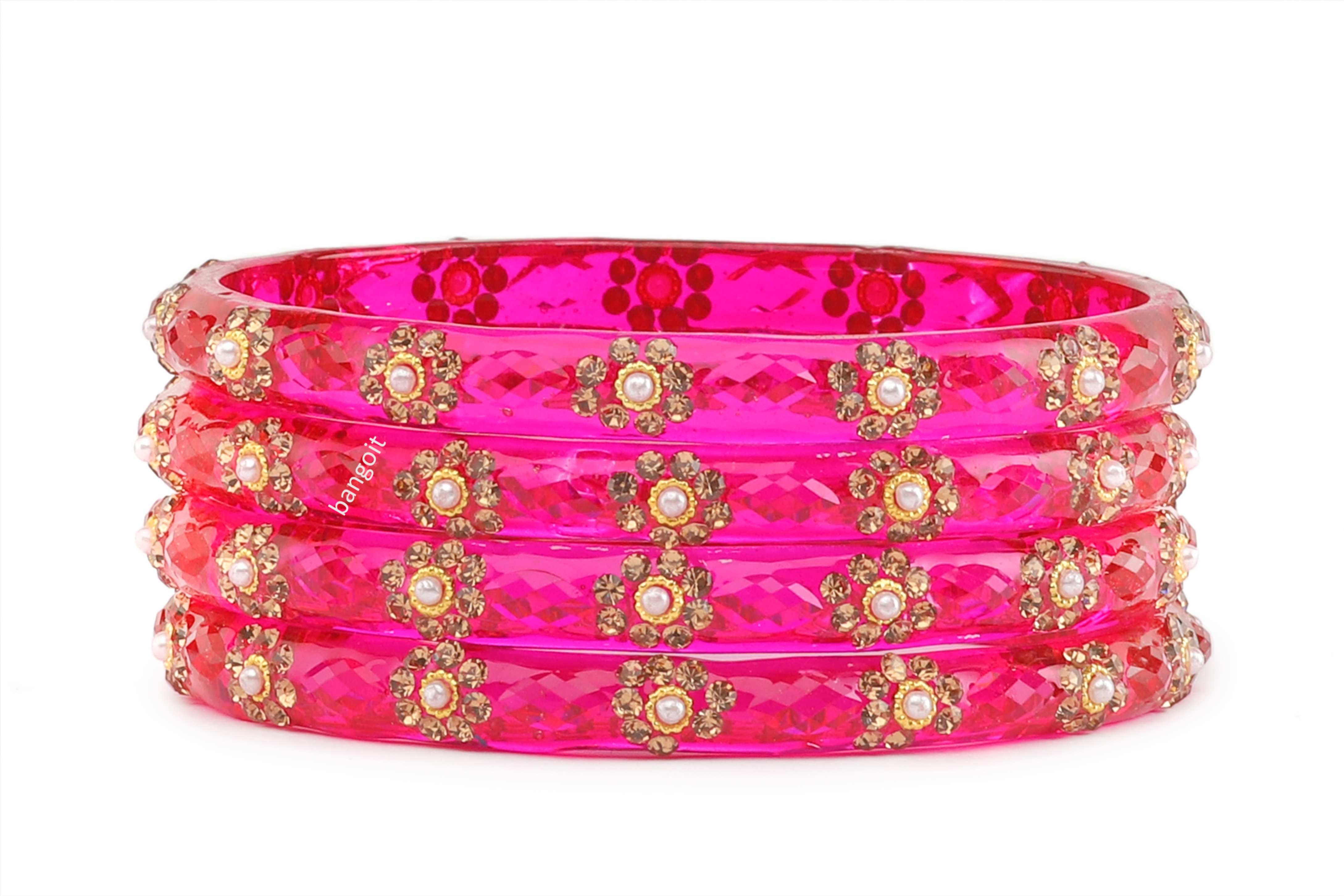 Pink Glass Kadas with Golden Floral Beads – Set of 8