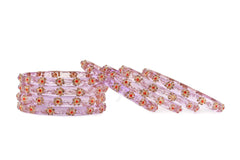 Pink Glass Kadas with Golden & Red Bead Detailing – Set of 8