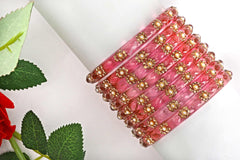 Pink Glass Kadas with Handcrafted Golden Beads – Set of 8