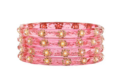 Pink Glass Kadas with Handcrafted Golden Beads – Set of 8