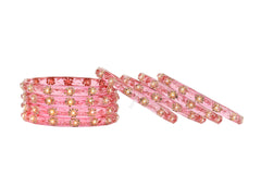 Pink Glass Kadas with Handcrafted Golden Beads – Set of 8