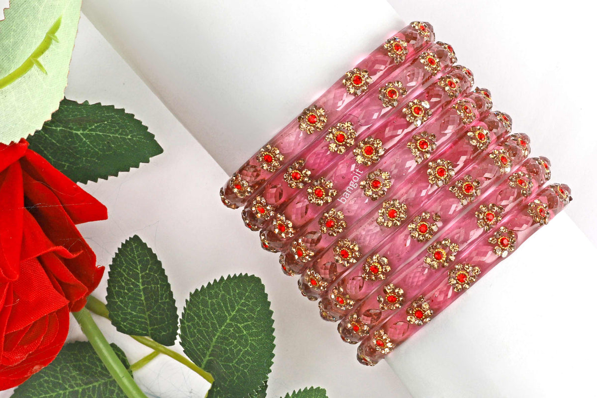 Pink Glass Kadas with Handcrafted Golden & Red Beads – Set of 8