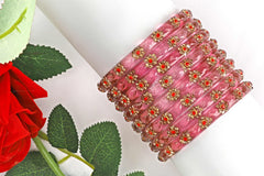 Pink Glass Kadas with Handcrafted Golden & Red Beads – Set of 8