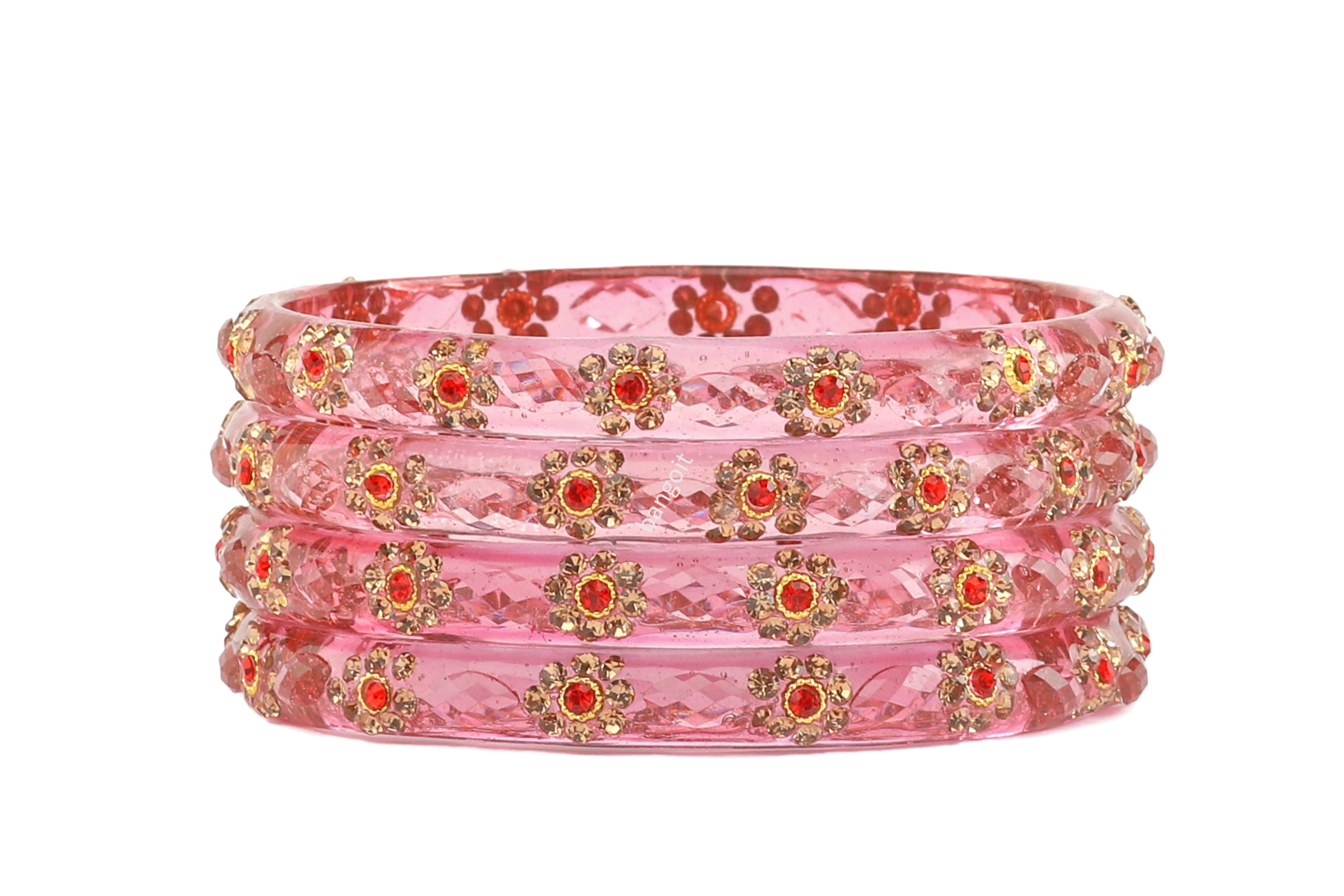 Pink Glass Kadas with Handcrafted Golden & Red Beads – Set of 8