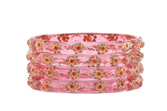 Pink Glass Kadas with Handcrafted Golden & Red Beads – Set of 8