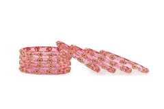 Pink Glass Kadas with Handcrafted Golden & Red Beads – Set of 8