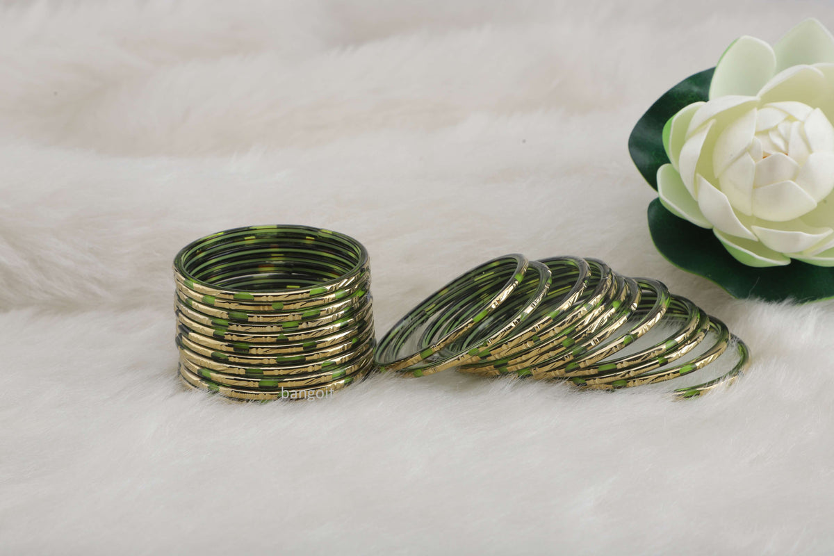 Pure Dhani Green Glass Bangles with Golden Polish & Shaded Base – Pack of 24 + 4 Extra