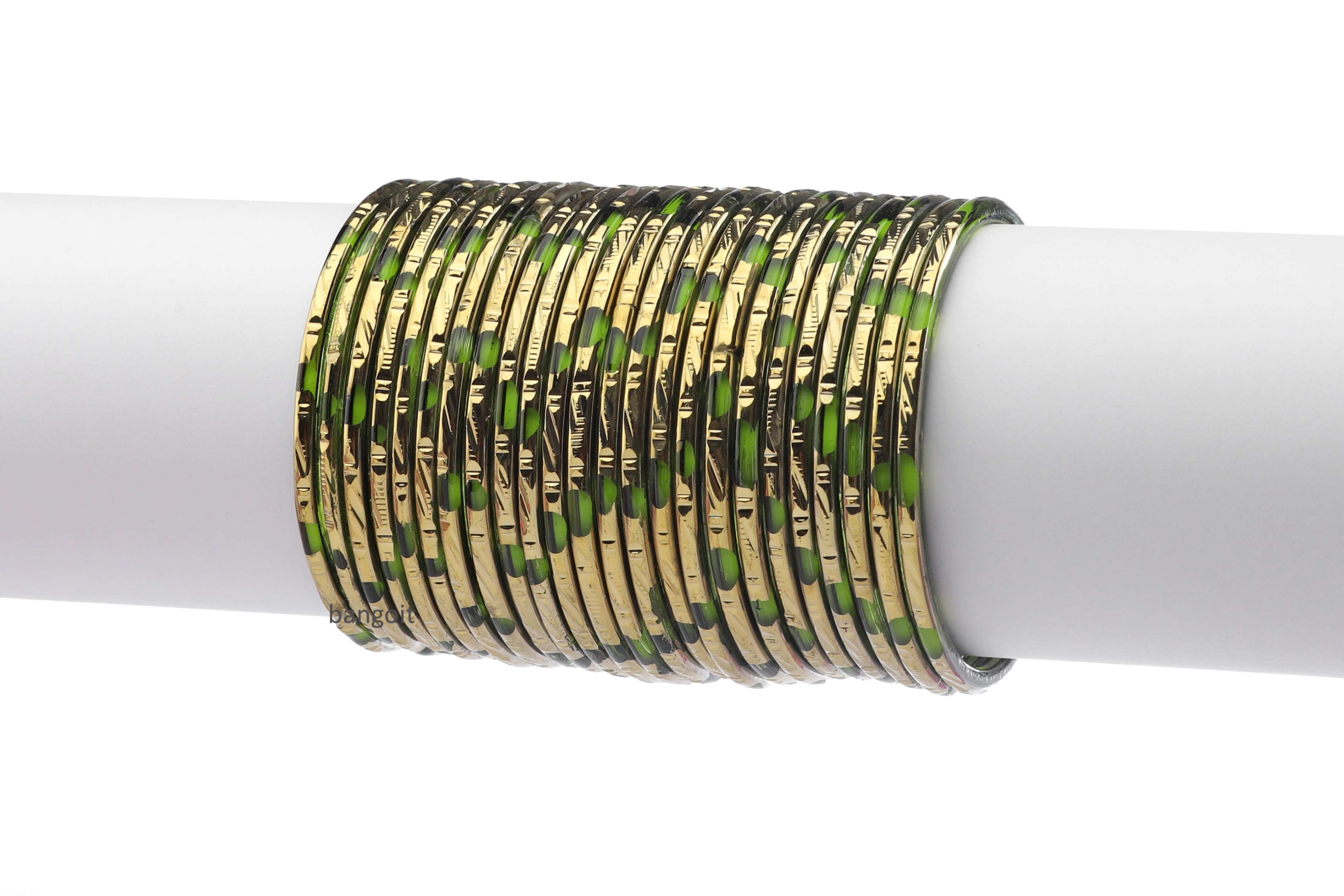 Pure Dhani Green Glass Bangles with Golden Polish & Shaded Base – Pack of 24 + 4 Extra