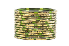 Pure Dhani Green Glass Bangles with Golden Polish & Shaded Base – Pack of 24 + 4 Extra