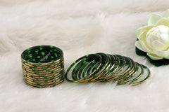 Pure Green Glass Bangles with Dual-Tone Finish & Everlasting Golden Polish – Pack of 24 + 4 Extra