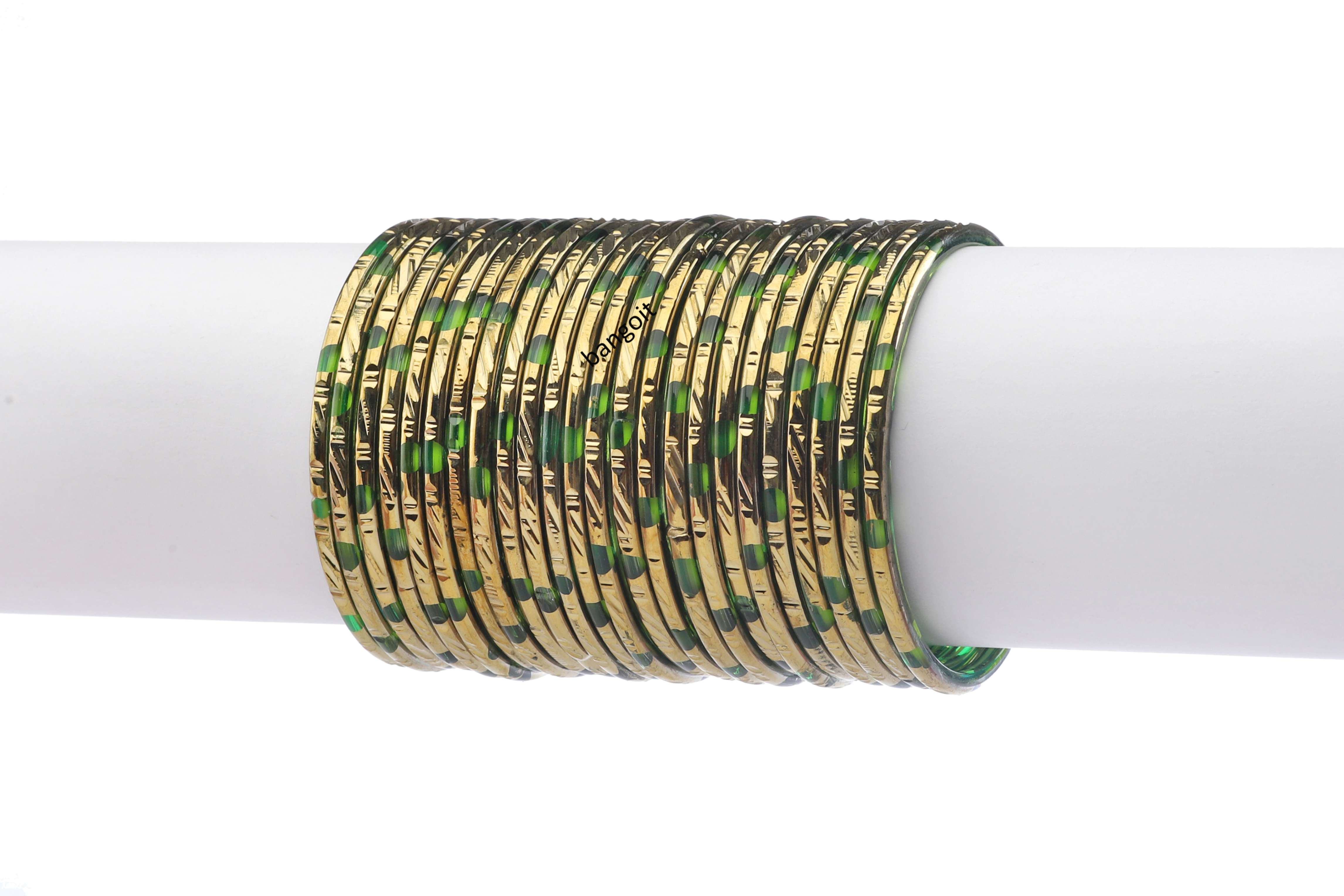 Pure Green Glass Bangles with Dual-Tone Finish & Everlasting Golden Polish – Pack of 24 + 4 Extra