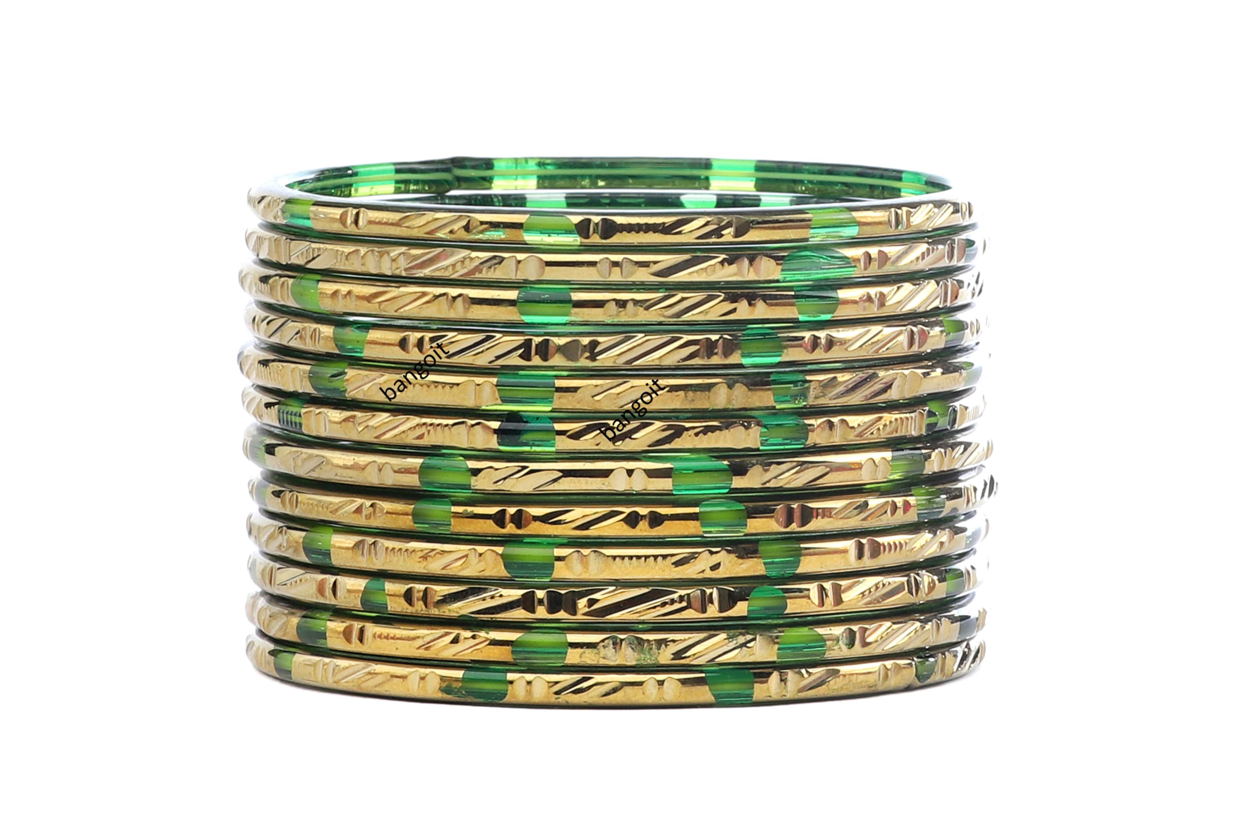 Pure Green Glass Bangles with Dual-Tone Finish & Everlasting Golden Polish – Pack of 24 + 4 Extra