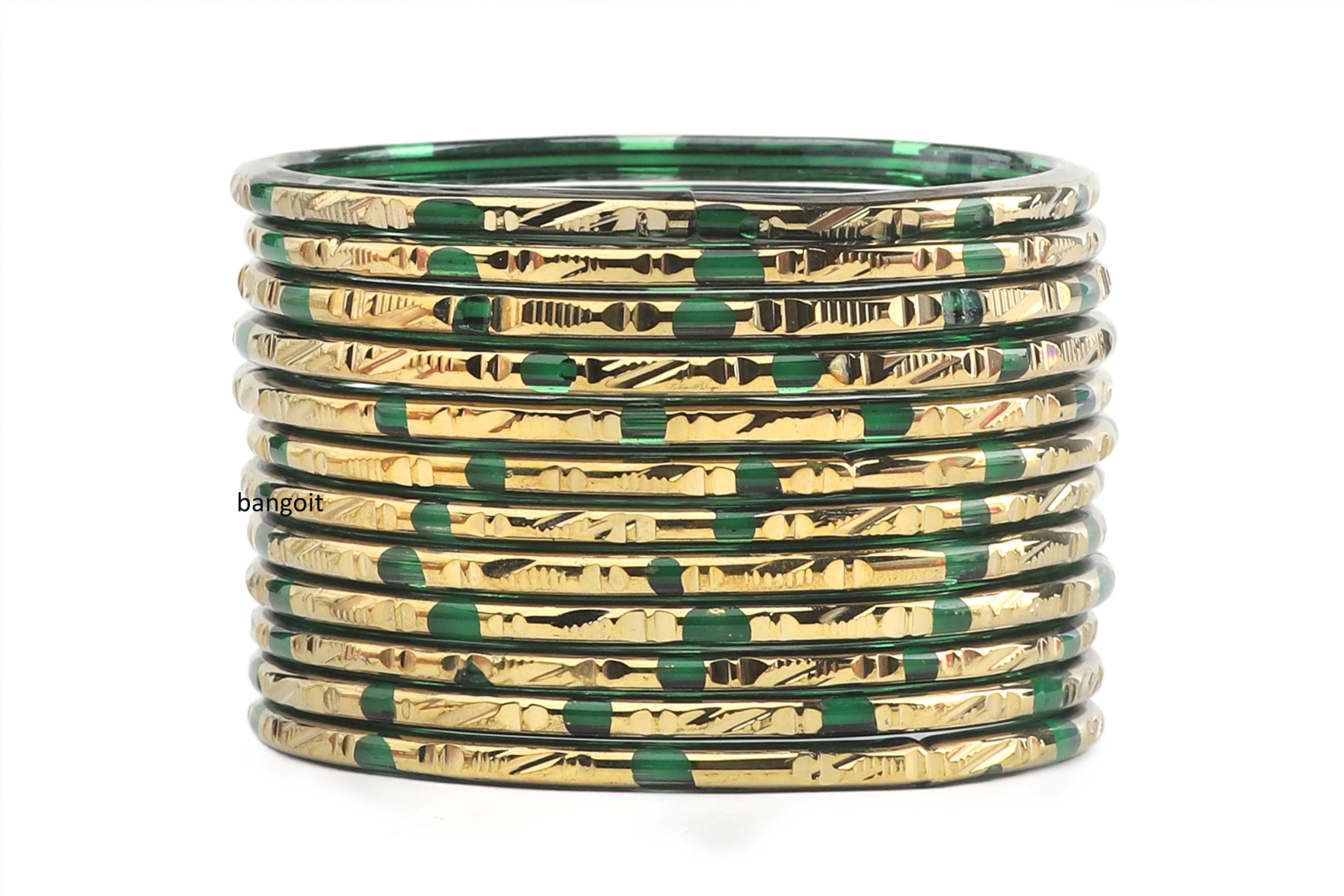 Pure Green Glass Bangles with Enhanced Shade & Everlasting Golden Polish – Pack of 24 + 4 Extra