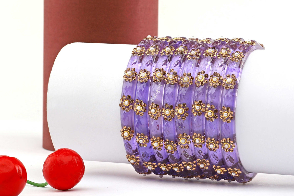 Purple Glass Kadas with Hand-Applied Golden & White Beads – Set of 8