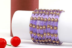 Purple Glass Kadas with Hand-Applied Golden & White Beads – Set of 8