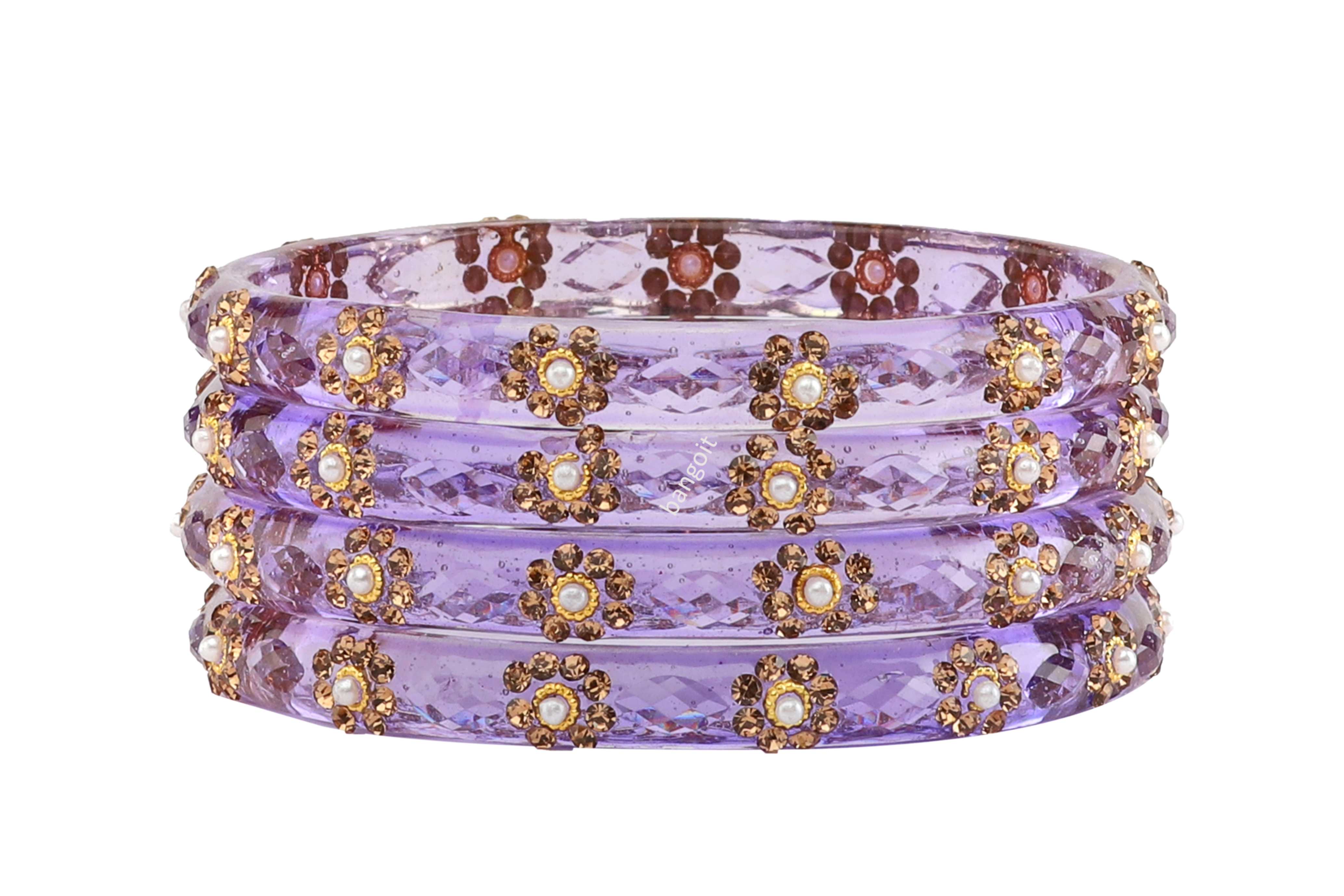 Purple Glass Kadas with Hand-Applied Golden & White Beads – Set of 8
