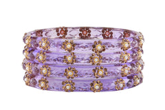Purple Glass Kadas with Hand-Applied Golden & White Beads – Set of 8
