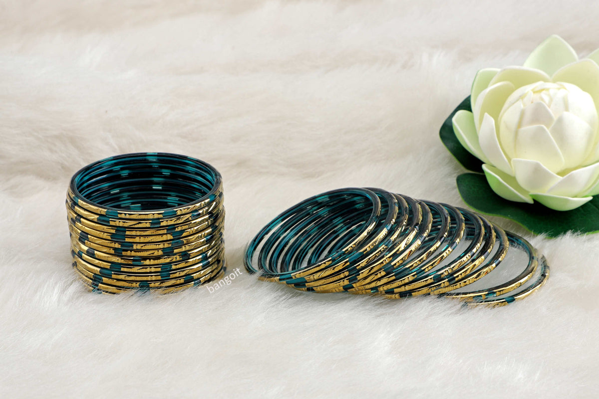 Radiant Radium Glass Bangles with Long-Lasting Golden Shine – Pack of 24