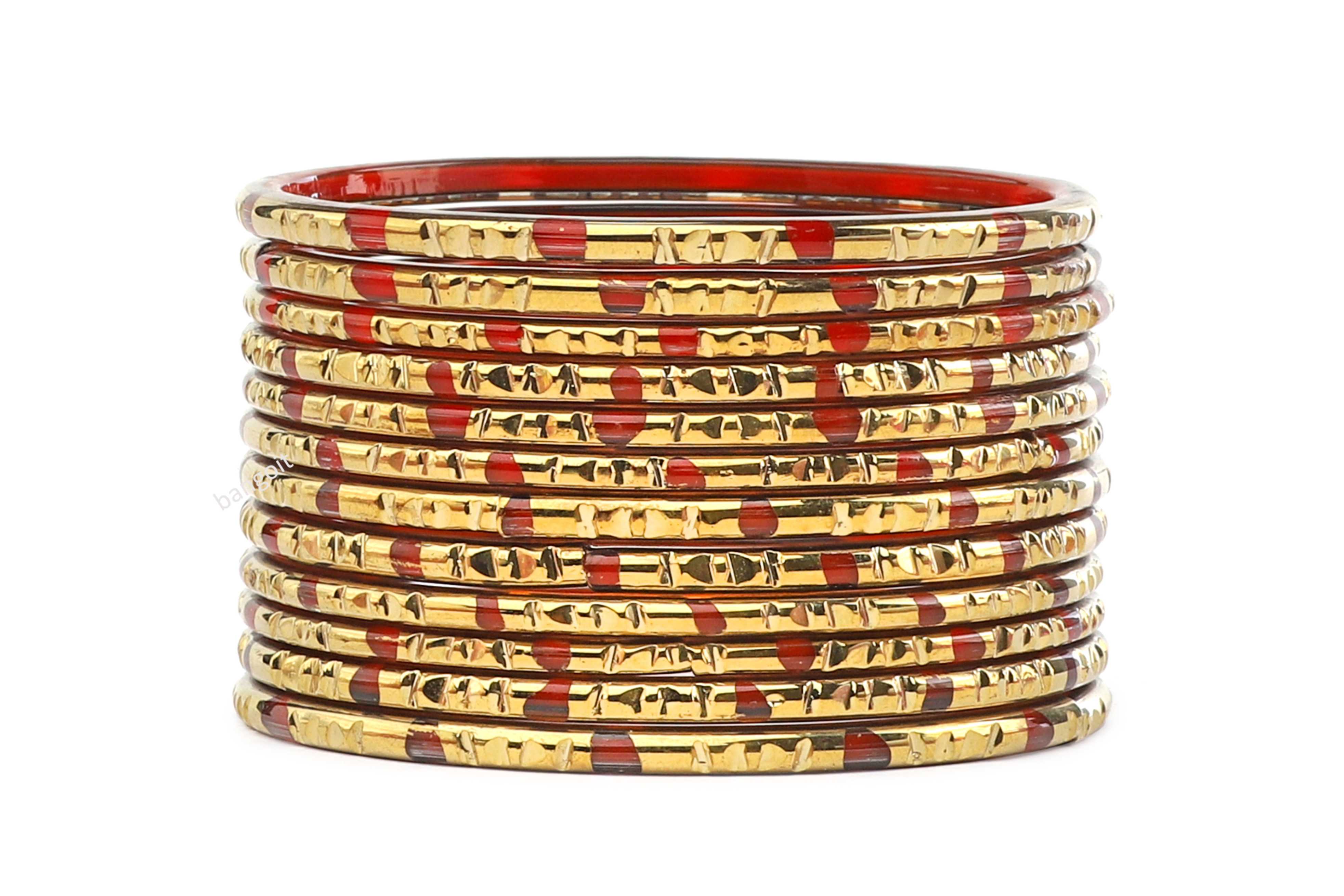 Red Glass Bangles with Stylish Cut & Long-Life Golden Polish - Pack of 24 + 4 Extra
