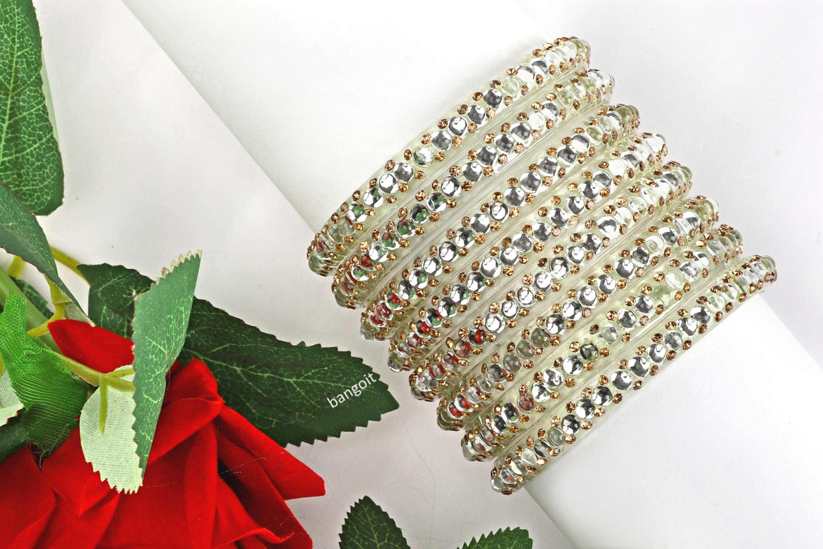 Silver Glass Kadas with Shiny Beads – Set of 8