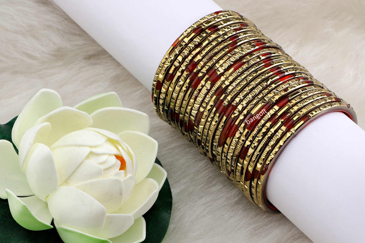Stylish Red Glass Bangles with Long-Lasting Golden Polish – Pack of 24 + 4 Extra