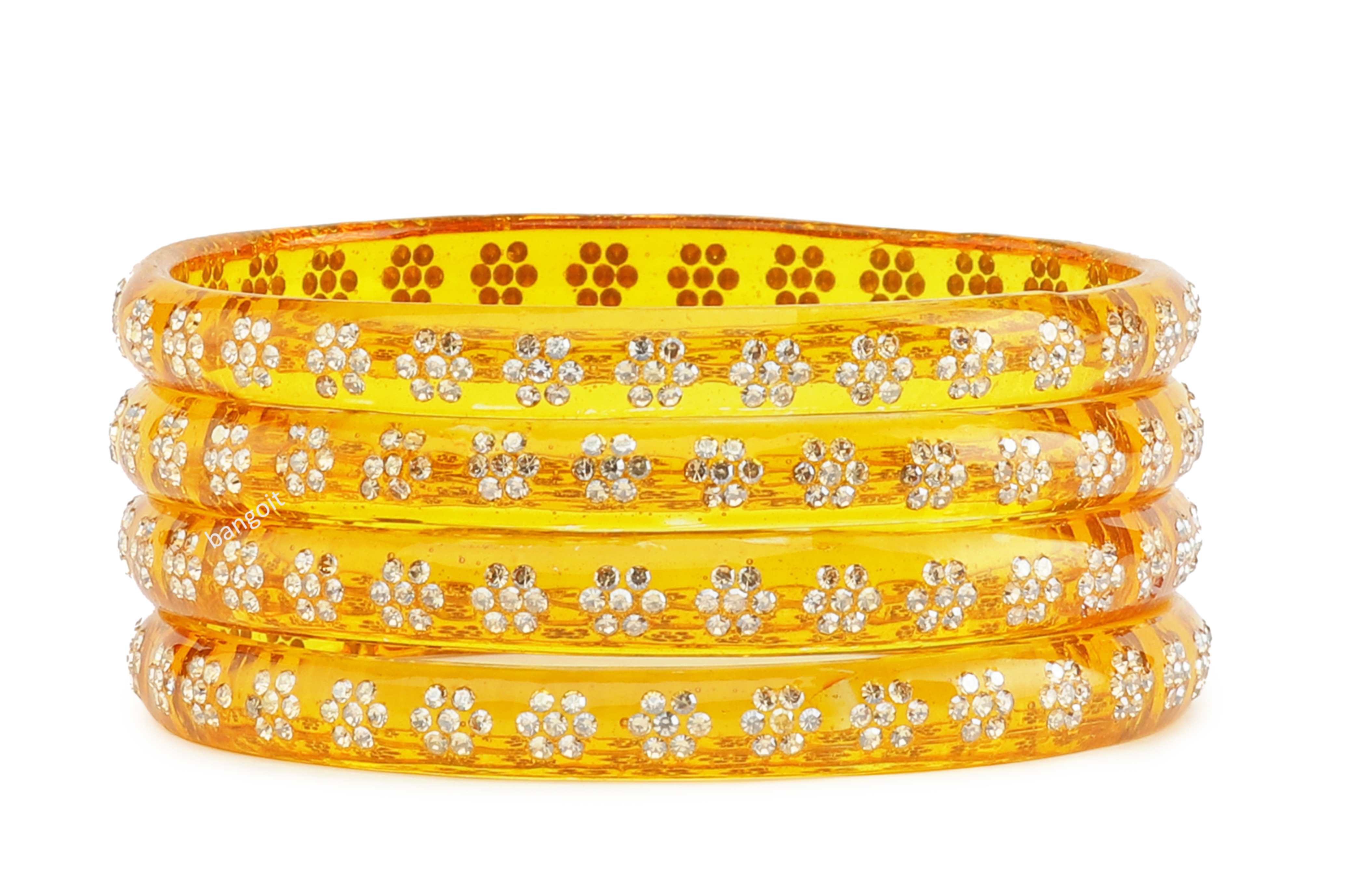 Yellow Glass Kadas with Handcrafted Floral Beads – Set of 8