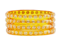 Yellow Glass Kadas with Handcrafted Floral Beads – Set of 8