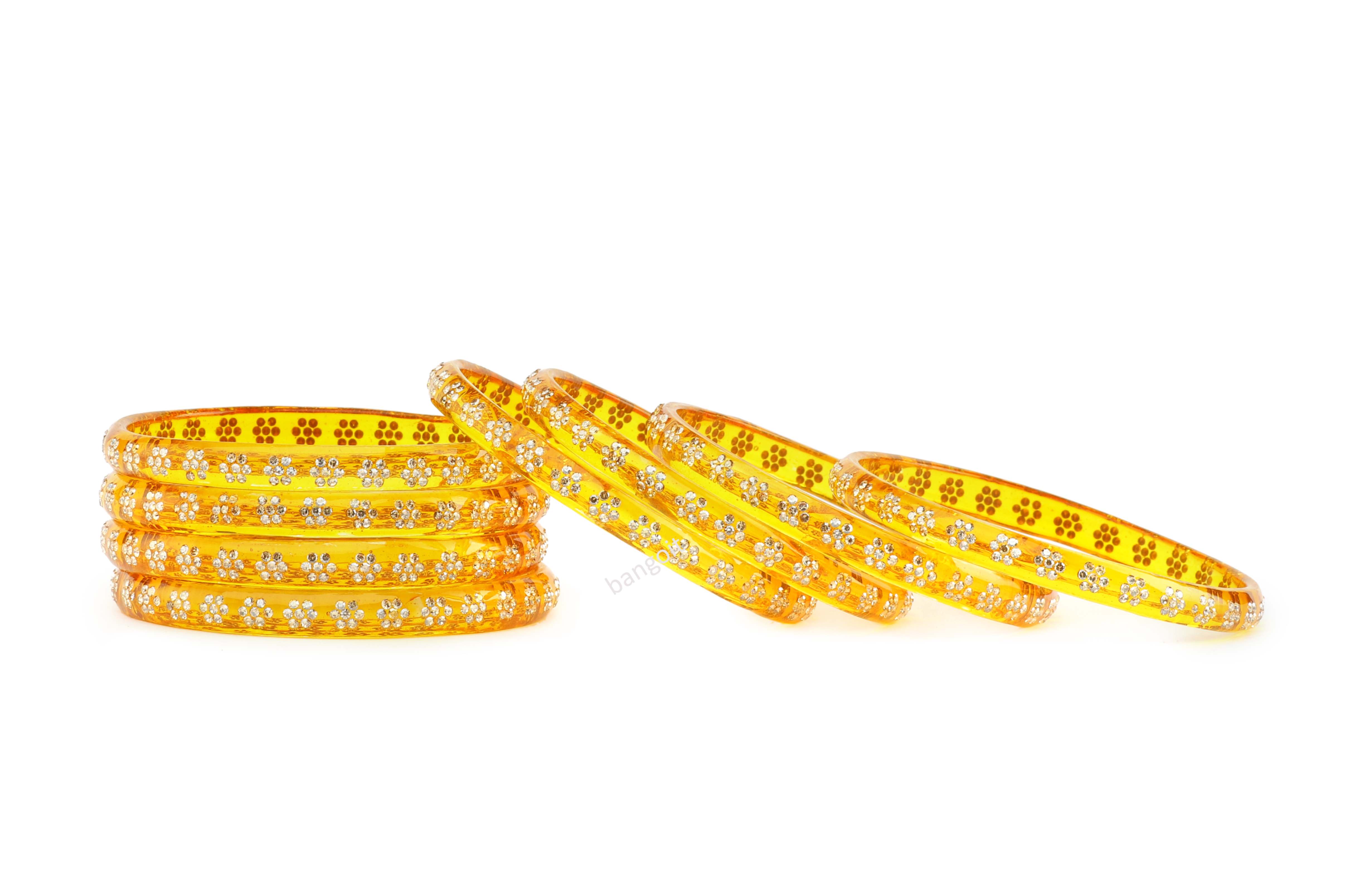 Yellow Glass Kadas with Handcrafted Floral Beads – Set of 8