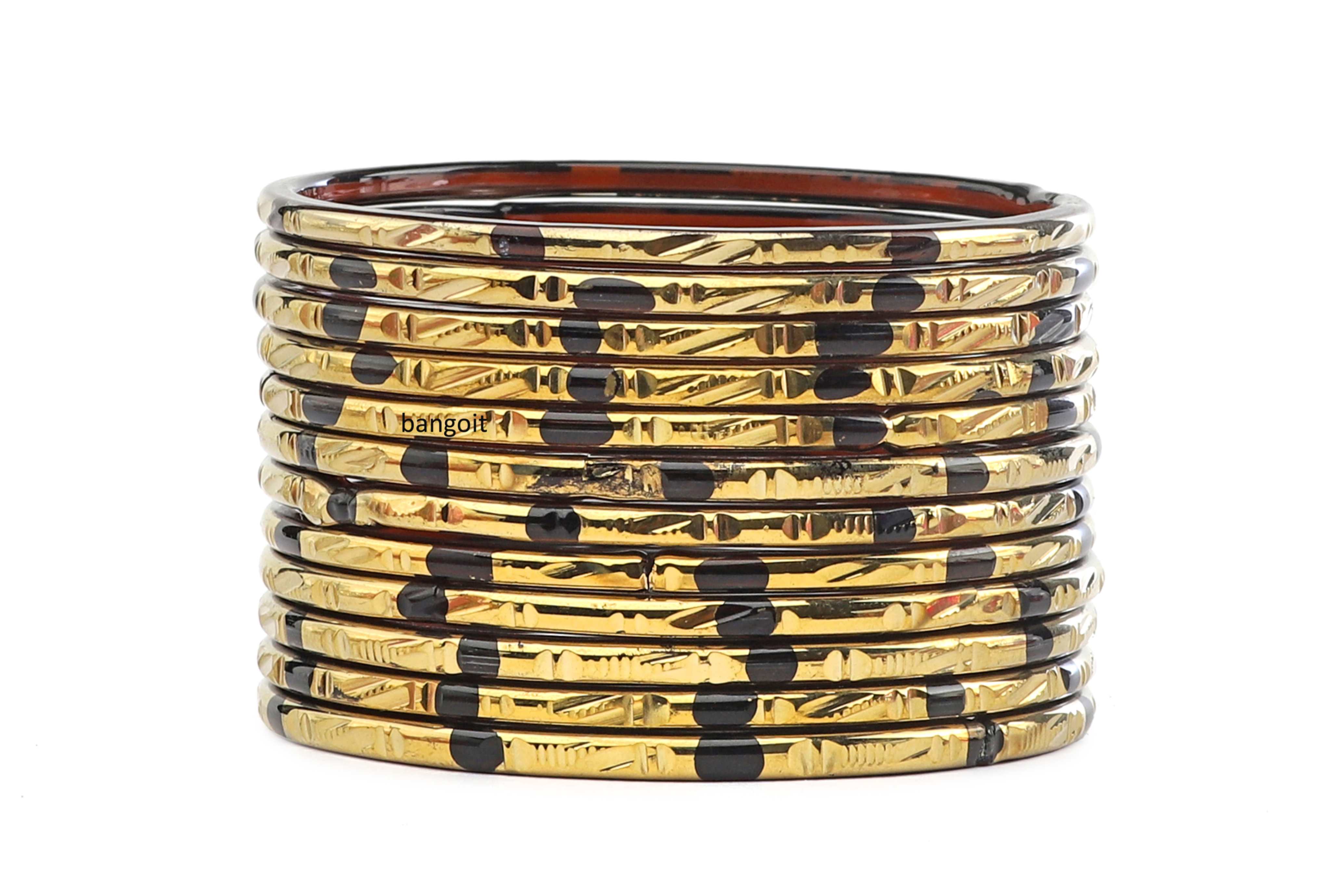 Black Purple Glass Bangles Red Shade Golden Carved Cuts
